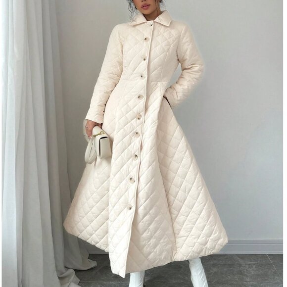 Euro Style Elegant Quilted Button Front Slant Pocket Long Padded Coat - Picture 5 of 11